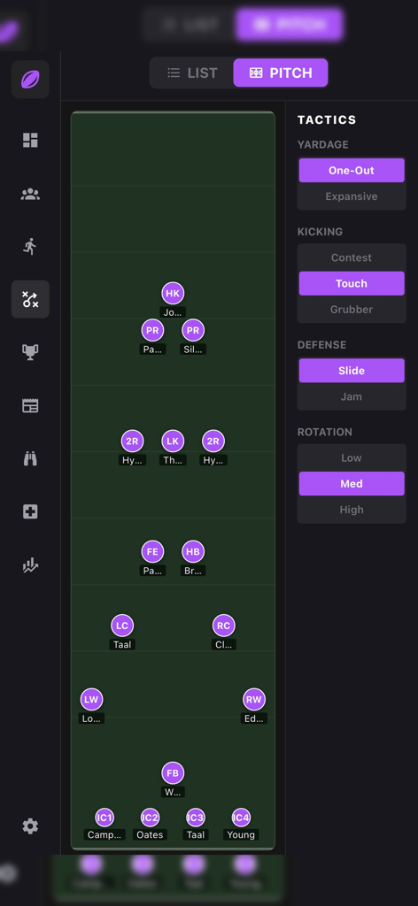 Rugby League Dynasty - Rugby management tactical engine screen displaying player formations and strategy settings