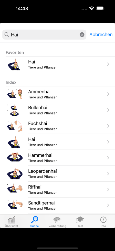 Scuba Diving Hand Signals - Interfaccia di ricerca dell'app di segnali manuali per immersioni subacquee che mostra i gesti per diverse specie di squali.