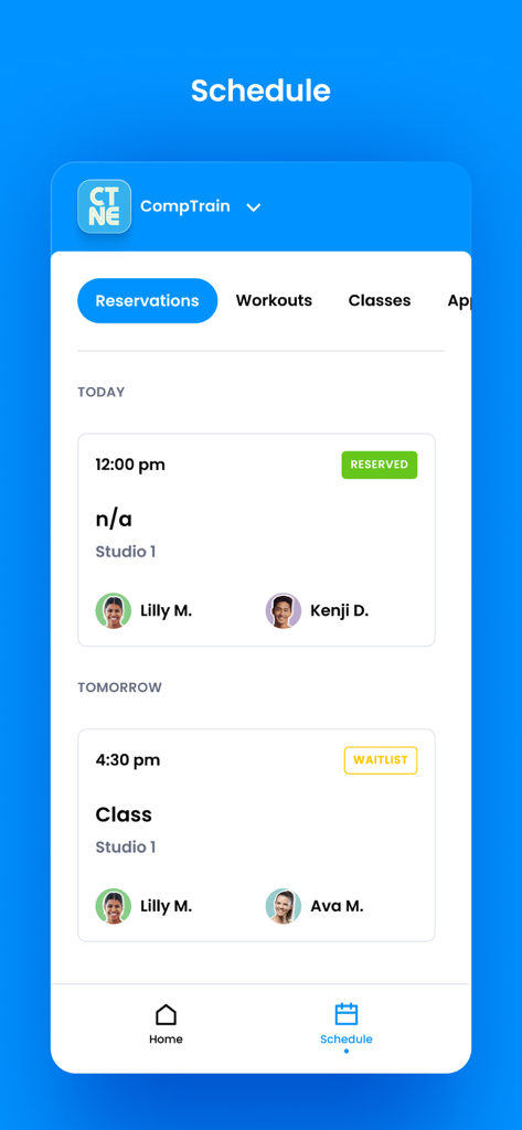 CompTrain New England app schedule screen showing gym class reservations and waitlists