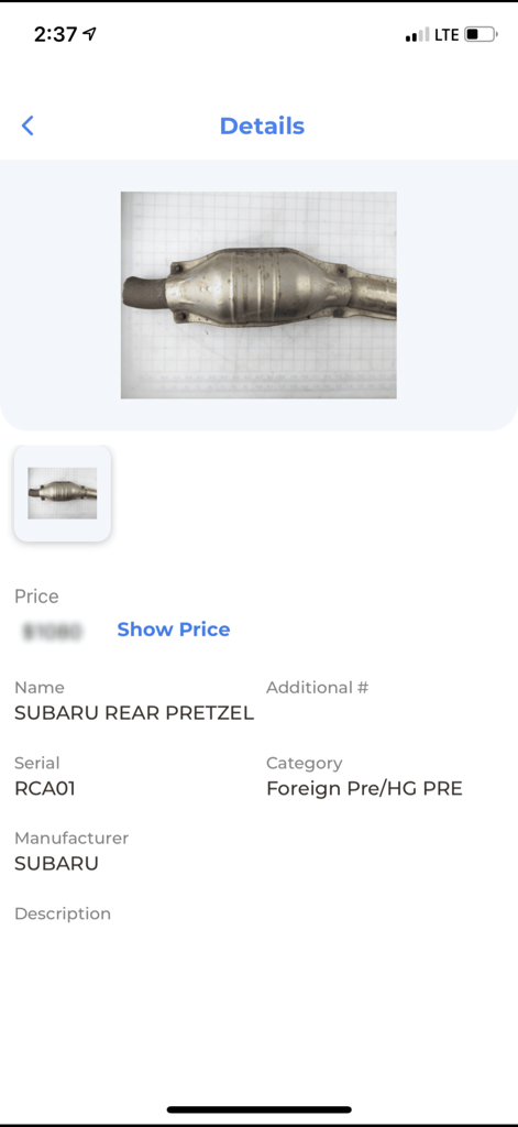 Catalytic Converter Database - Mobile app view showing technical details and a photo for a Subaru rear pretzel catalytic converter.