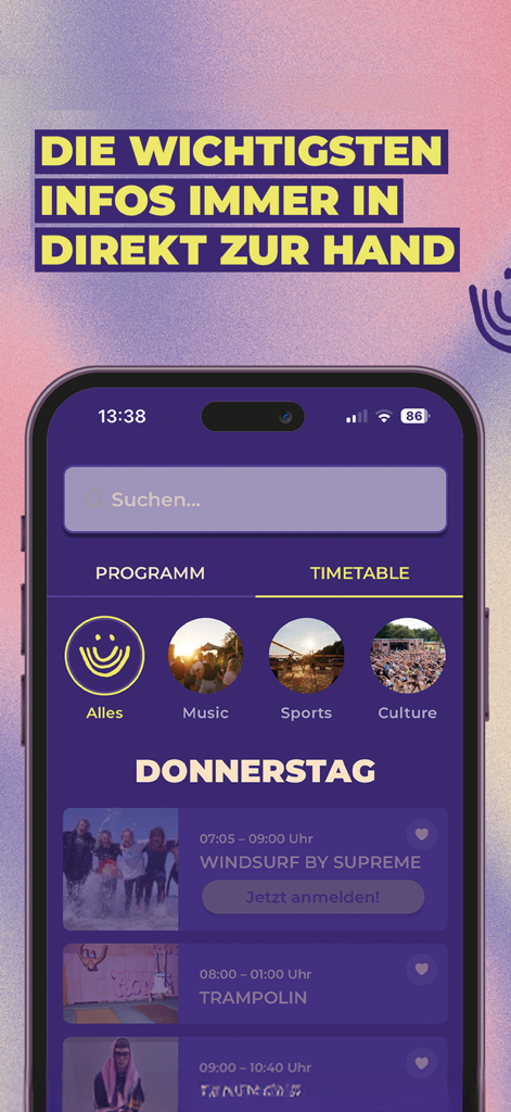 About You Pangea Festival - Smartphone screen displaying the About You Pangea Festival app timetable with event categories and workshop listings