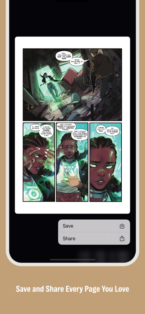 MMReader – AI Comic&Manga - MMReader app interface showing a comic page with a menu to save and share pages