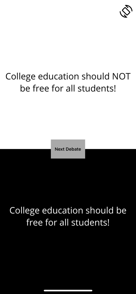 Debate - Party Game - A split screen interface showing opposing sides for a debate topic about free college education in the Debate app.