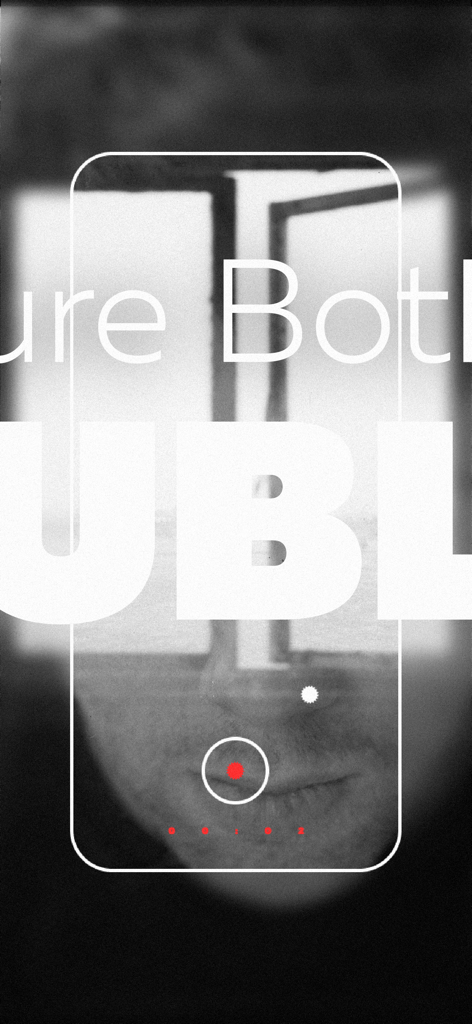 Foli: Dual Lens Camera Effects - Black and white double exposure camera effect on a smartphone screen showing a face blended with a window view