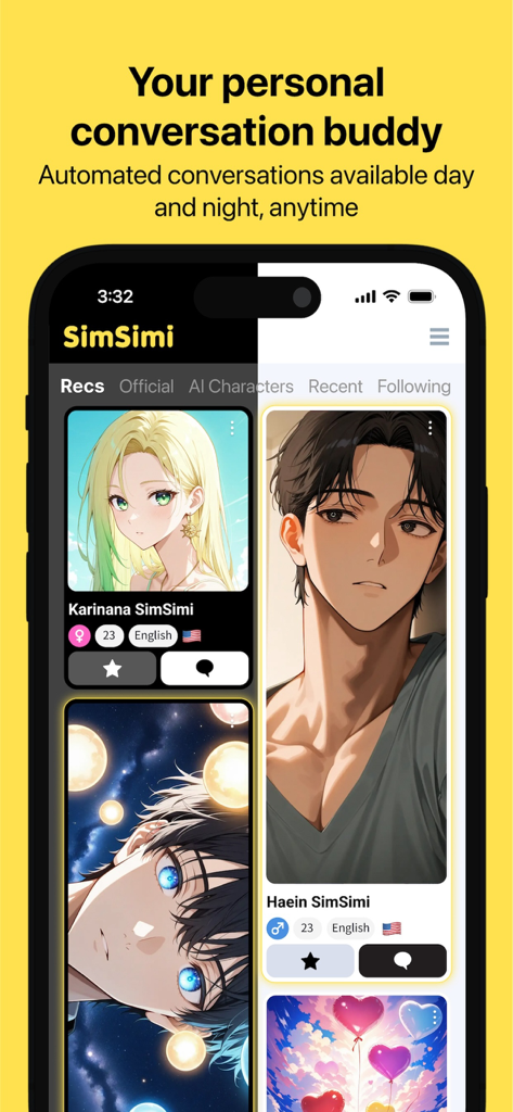 SimSimi - Interface do aplicativo SimSimi exibindo uma seleção de personagens de conversação de IA pessoais com retratos de anime