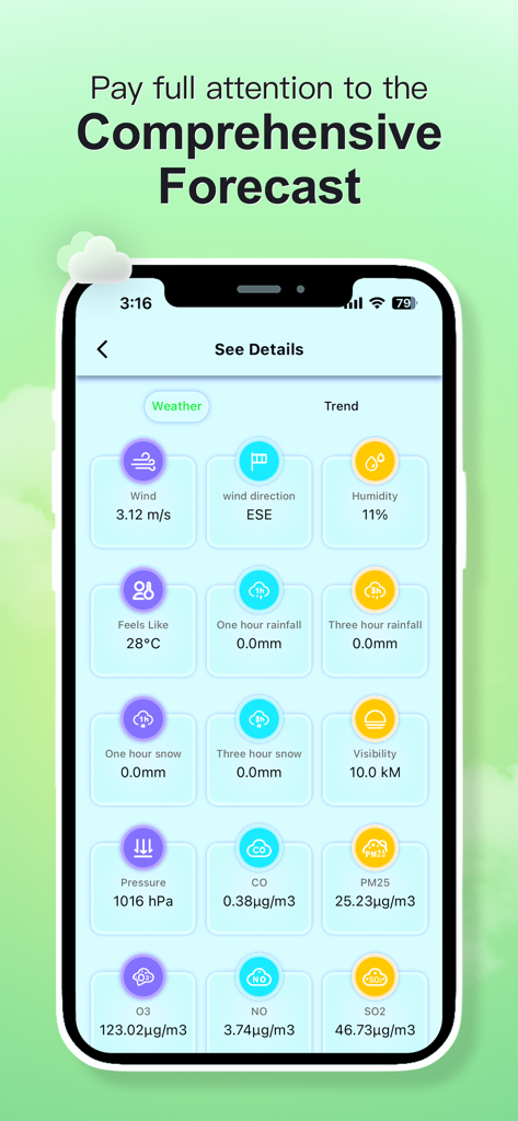 Local Weather warning & Radar - Pantalla de smartphone que muestra un pronóstico meteorológico completo con métricas de viento, lluvia y calidad del aire.