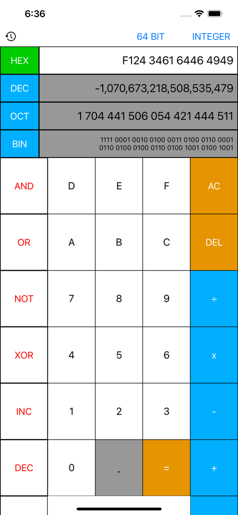Programmer Calculator Pro interface showing 64-bit hexadecimal conversion to decimal octal and binary with bitwise logic buttons