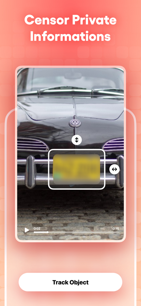Blur Video· - Mobile app interface demonstrating how to blur a car license plate for privacy using object tracking.