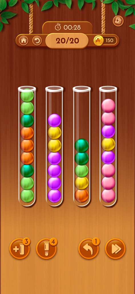 Woody Sort gameplay showing colored balls in glass tubes with a rustic wooden background