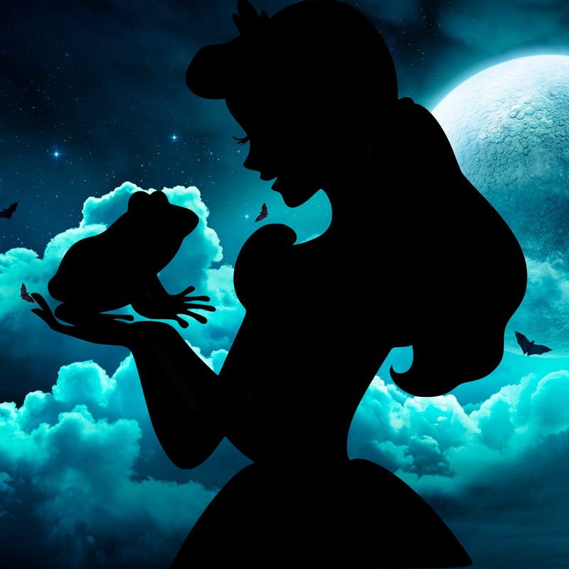 a shadow of a princess holding a frog realistic