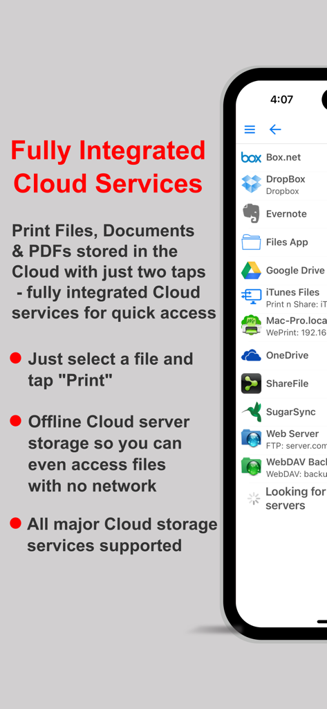 Tela do aplicativo Print n Share mostrando serviços de armazenamento em nuvem integrados como Dropbox e Google Drive