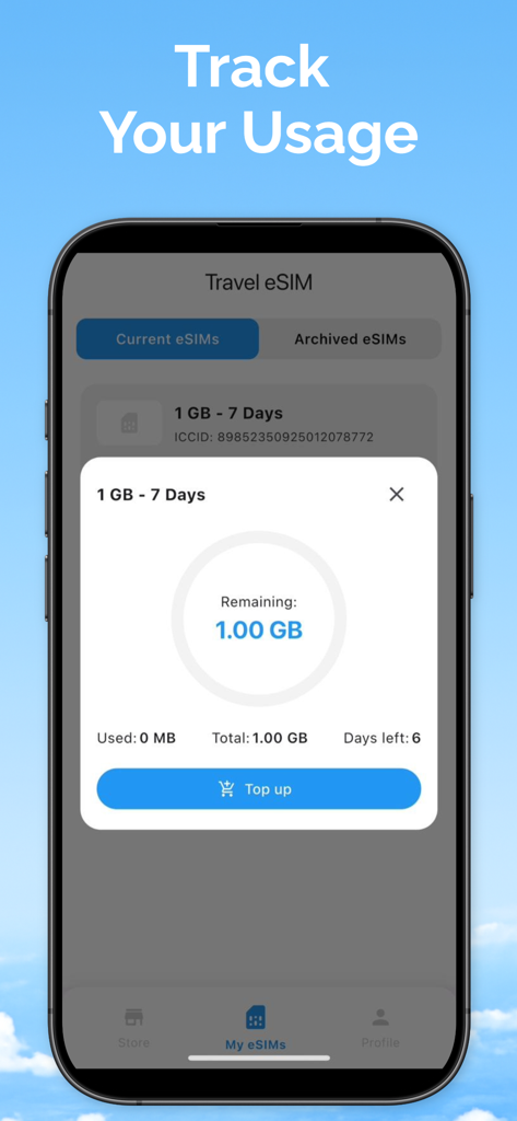 Simly eSIM: Travel & Connect - Mobile screen interface showing eSIM data usage tracking with remaining balance and top up option