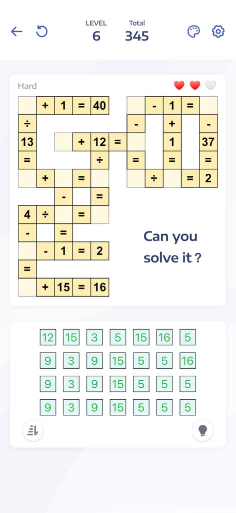 Crossmath game interface showing a hard level math puzzle grid with equations