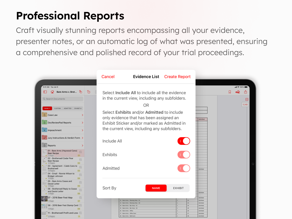 TrialPad - Trial Presentation - TrialPad app screen showing professional report generation and evidence list settings on an iPad