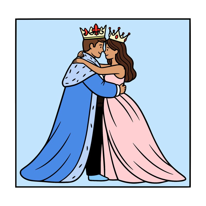 a king and queen hugging