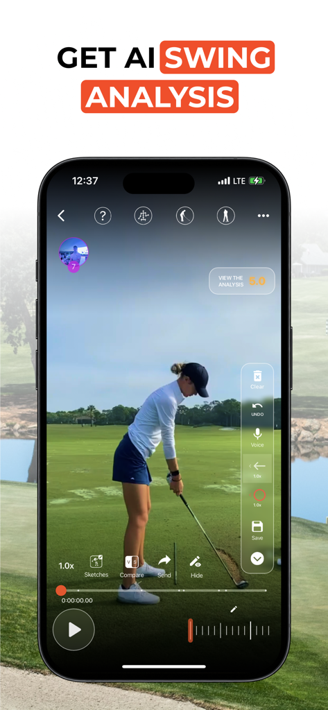 UpT: Your Golf Coach & AI - Interfaz de la aplicación UpT que muestra a una golfista en un campo con herramientas de análisis de swing de IA y puntuación