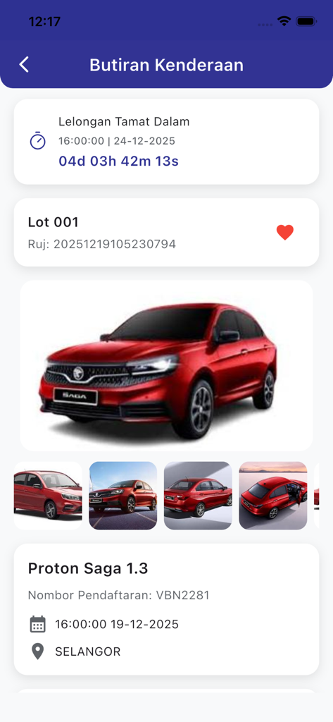 JPJvBid - JPJvBid mobile app screen showing vehicle details for a red Proton Saga auction including photos and countdown timer