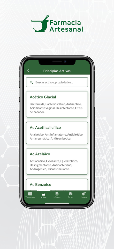 Farmacia Artesanal - Pantalla de smartphone de la app Farmacia Artesanal mostrando una lista de principios activos farmacéuticos y sus propiedades médicas