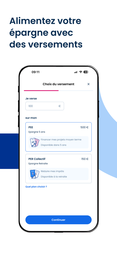 Epsor - Interface of the Epsor app showing options to make a payment into different employee savings and retirement plans.