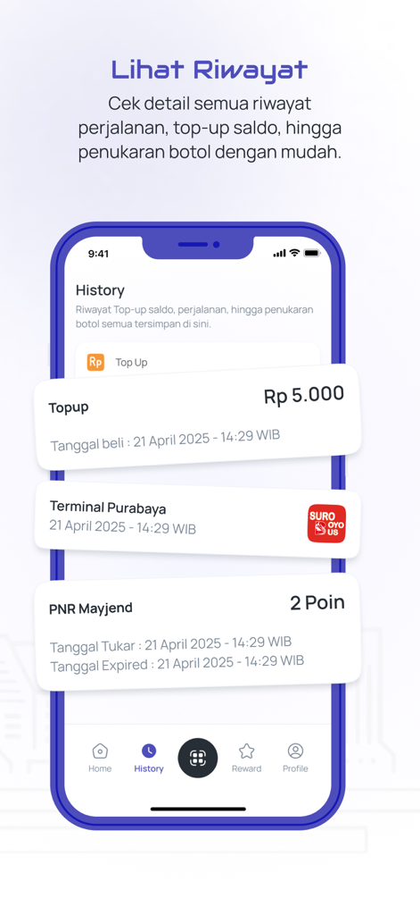 Screenshot of the Gobis Suroboyo app history page showing transaction logs for top-ups and bus trips.