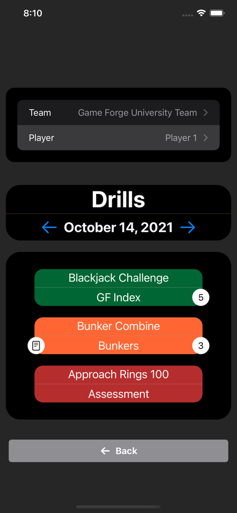GameForge - A list of golf practice drills within the GameForge app including challenges for bunkers and approach shots