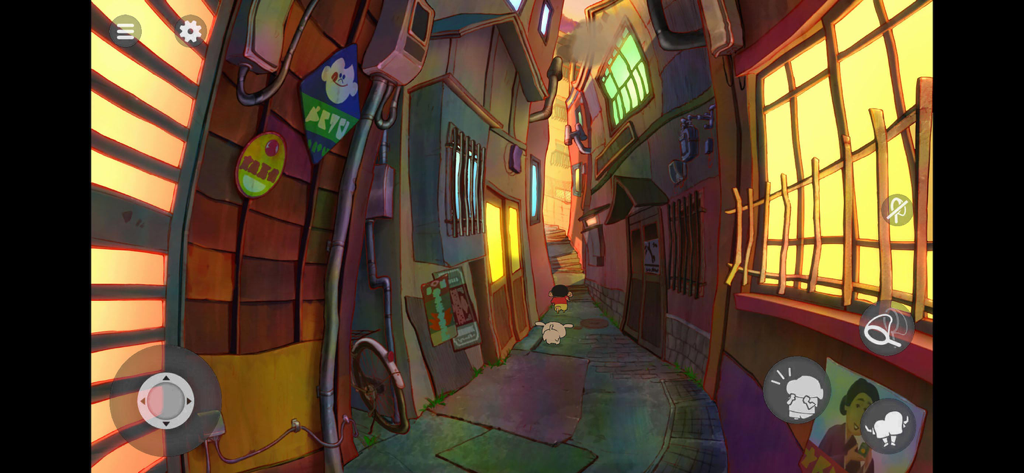 Shin chan: Shiro & Coal Town - Shin-chan e Shiro che camminano attraverso uno stretto vicolo illuminato dal sole a Coal Town.