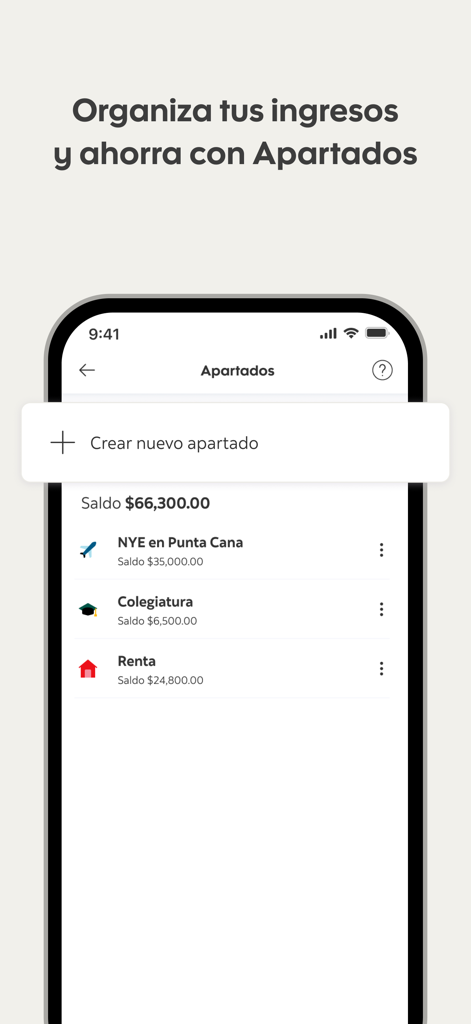 ScotiaMóvil MX - Mobile app interface showing savings pockets for organizing expenses like rent and tuition