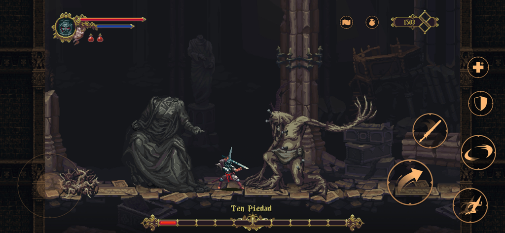 El Plegario luchando contra el jefe Ten Piedad en la versión móvil de Blasphemous