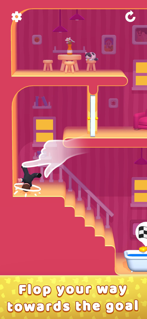 Lazy Jump 3D - Un personaje de muñeco de trapo cayendo por unas escaleras hacia una bañera como meta en Lazy Jump 3D.