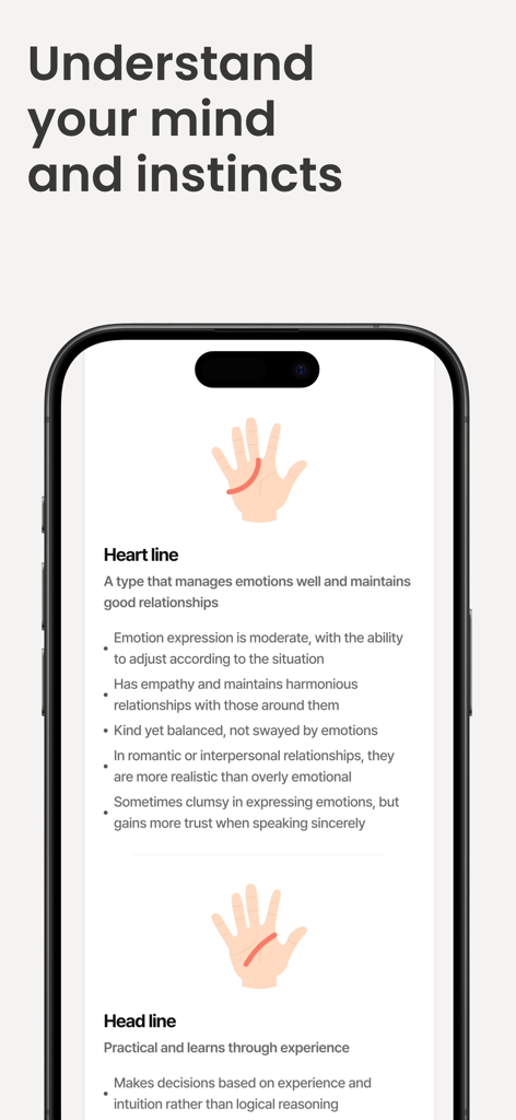 PalmPath - A screenshot of the PalmPath app showing detailed palm line analysis for personality and instincts