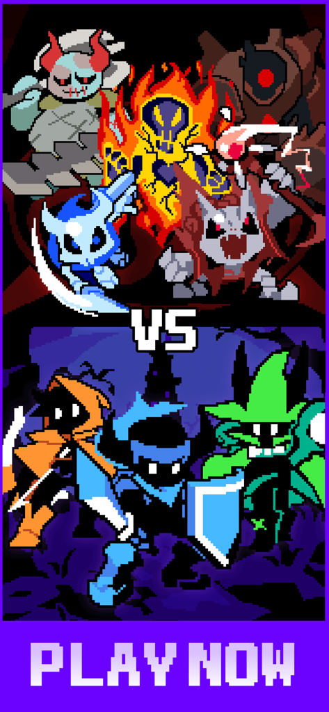 Overgeared Hero: Merge RPG - Una escena de batalla retro de arte de píxeles de Overgeared Hero Merge RPG con héroes contra monstruos