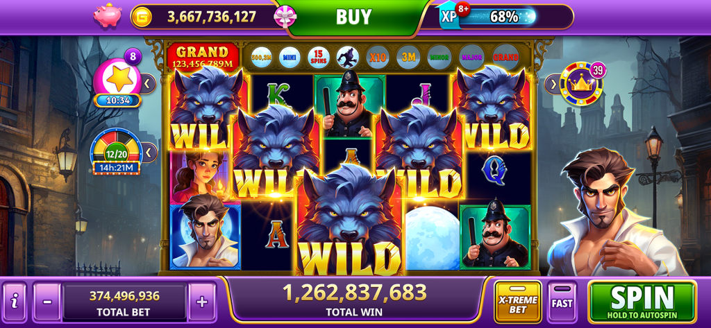 Captura de pantalla del juego de Gambino Slots con temática de hombre lobo, con múltiples símbolos wild y una gran pantalla de ganancias
