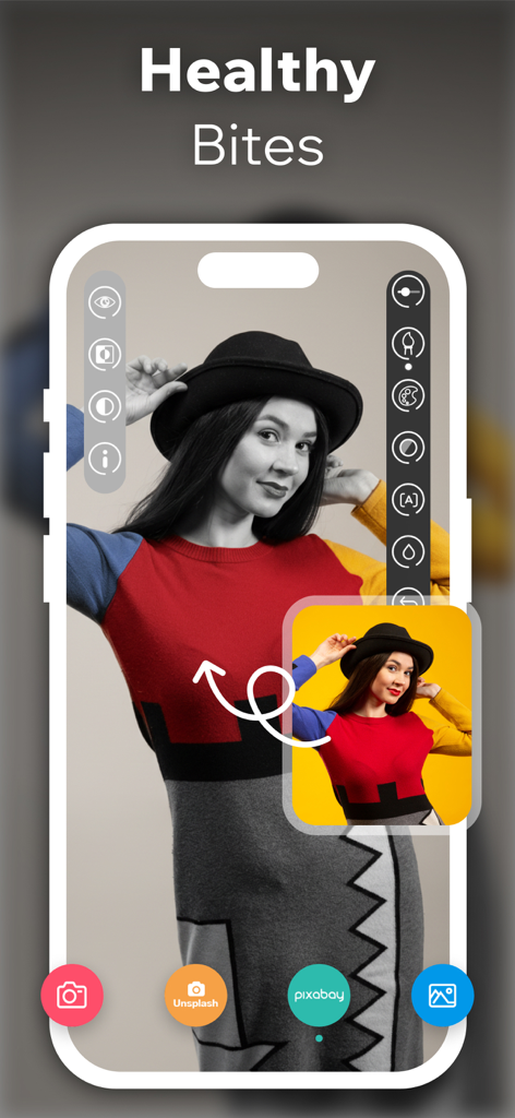 Color Pop - Mobile app interface showing a selective color splash effect on a portrait photo with black and white and vibrant color sections.