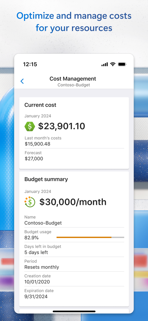 Microsoft Azure - Microsoft Azure mobile app cost management dashboard showing resource budget and expenditures