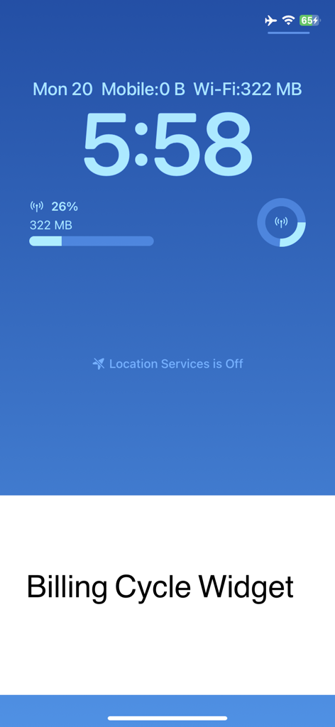 Widget della schermata di blocco dell'app InternetMeter che visualizzano l'utilizzo dei dati e lo stato del ciclo di fatturazione