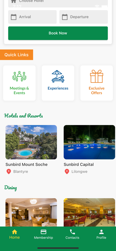 Sunbird Hotels & Resorts - Pantalla de inicio de la aplicación móvil Sunbird Hotels and Resorts que muestra reservas de hotel y listados de resorts en Malawi