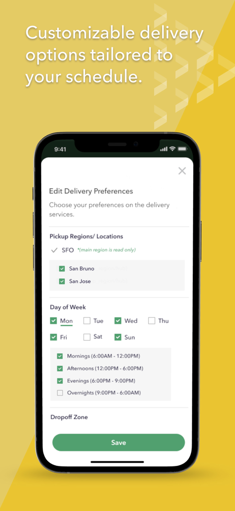 Jitsu Drive - Jitsu Drive App-Bildschirm, der Einstellungen für Lieferpräferenzen anzeigt, um Regionen, Tage und Zeitschlitze auszuwählen