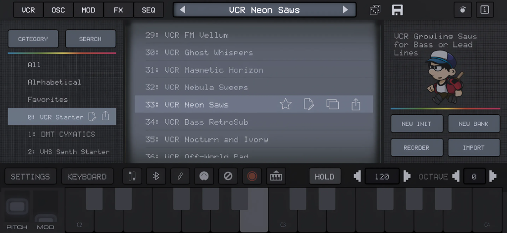 Interface of the King of VHS synth app showing a list of retro presets and an on-screen musical keyboard.