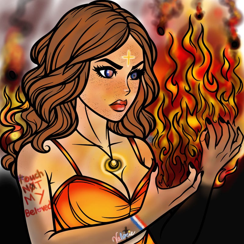 a realistic woman having the power of fire