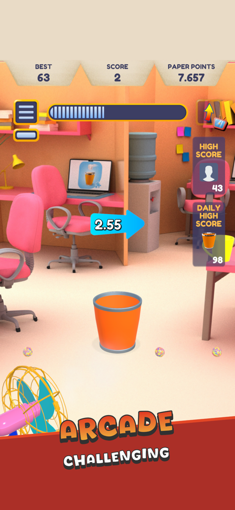 Paper Toss + - Pantalla de jugabilidad arcade de Paper Toss Plus mostrando un cubículo de oficina con una papelera y un ventilador para la dirección del viento.
