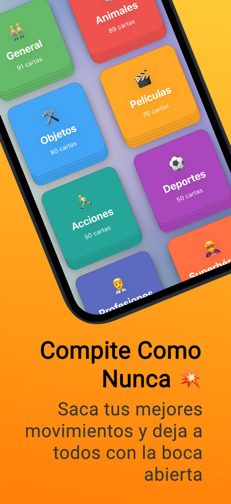 Mímica x Tomanji - Interface of the Mimica x Tomanji app showing different game categories like Animals Movies and Sports for party charades