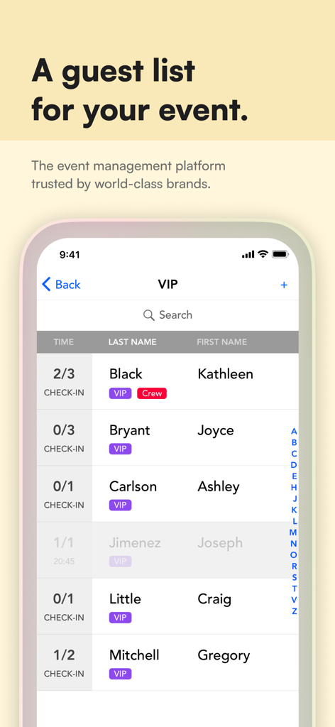 Guestlist: Guest List App - Interfaz de la aplicación Guestlist mostrando una lista de invitados VIP con nombres y estado de check-in