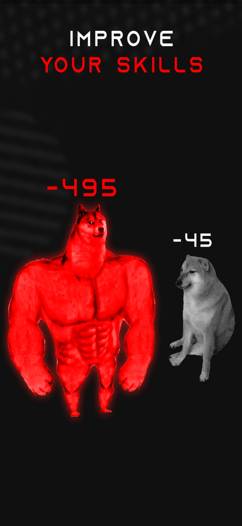Only Red Settings - Comparison between a buff red dog representing high damage and a small grey dog representing low damage with the text improve your skills