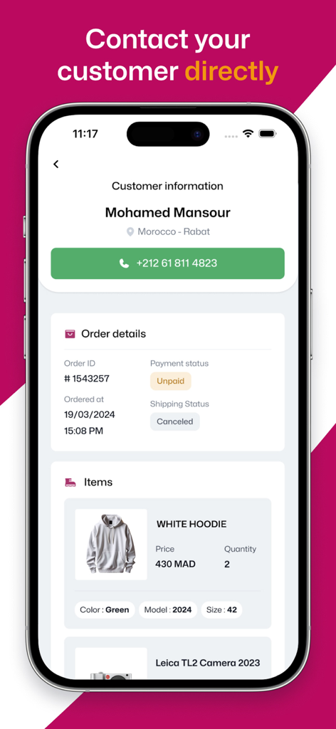 YouCan.shop - Mobile interface showing customer contact information and order details for an e-commerce store