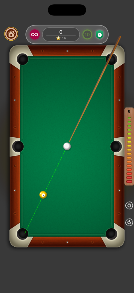 Pool - 8 Ball, 9 Ball & Solo - Top down gameplay of a mobile pool game with an aiming guide on a green table