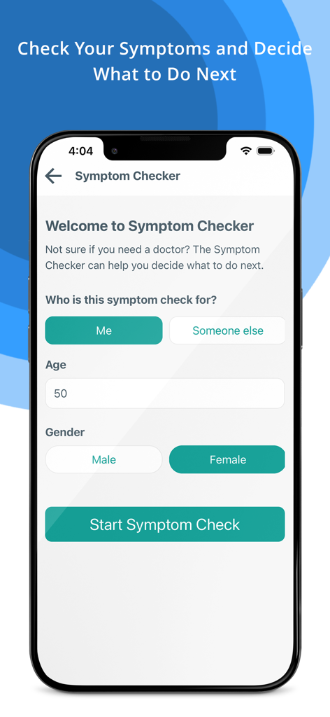 Pill Identifier & Drug Search - Symptom checker screen in the Pill Identifier app showing age and gender selection for medical assessment