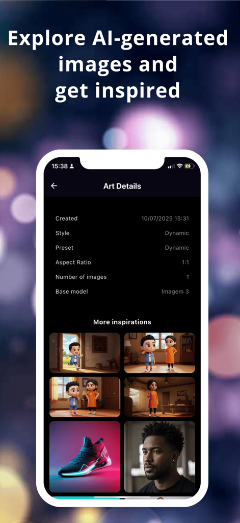 Imagex AI app screen showing image generation details and an inspiration gallery of diverse artistic styles.