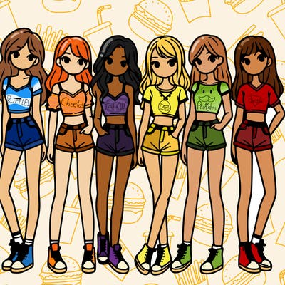 a group of girls wearing crop tops and shorts