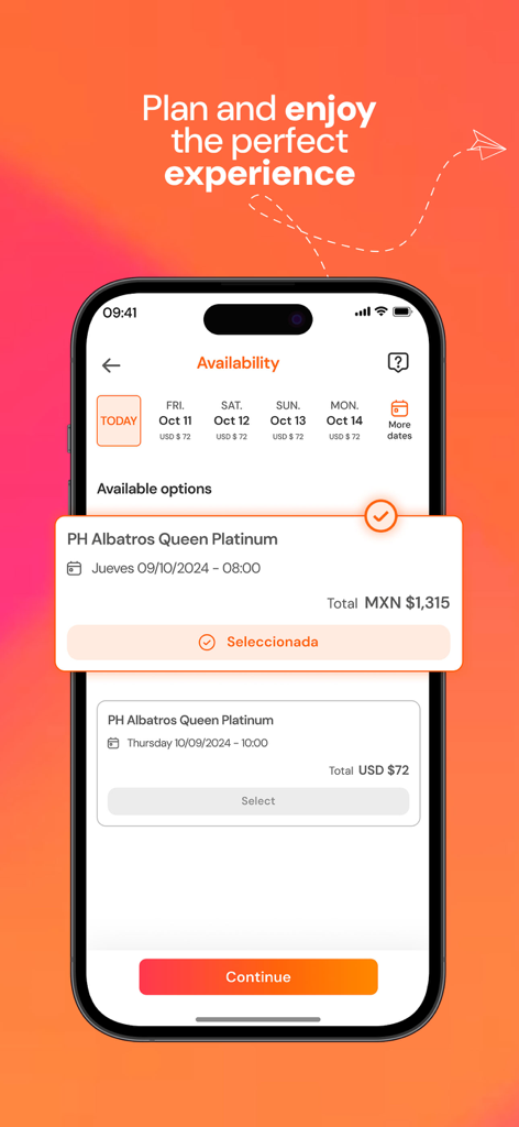 NexusTours app interface showing excursion availability calendar and booking options for travelers