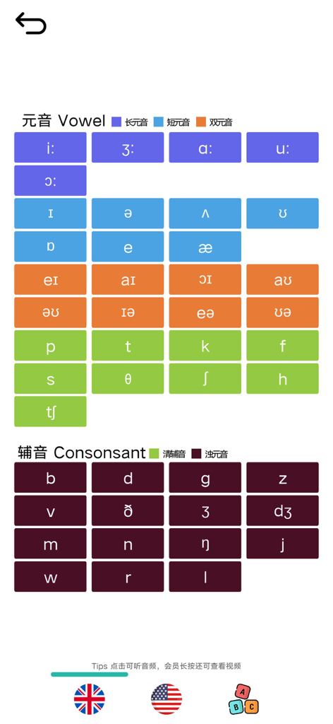 茶米单词-联想记单词，零基础趣味速记 - A color-coded chart of English phonetic symbols for vowels and consonants with British and American pronunciation flags.